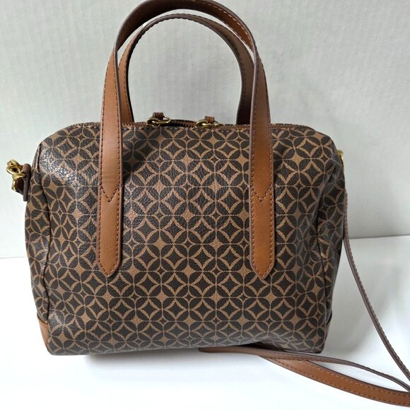 Fossil Sydney Brown Geometric Coated Canvas Satchel Crossbody Bag Boho Preppy - Picture 6 of 12